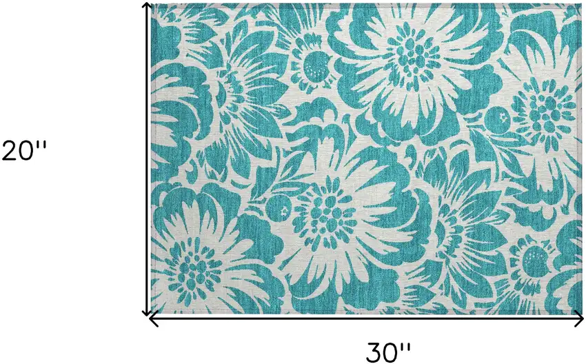 Teal and Ivory Floral Washable Non Skid Indoor Outdoor Area Rug Photo 3