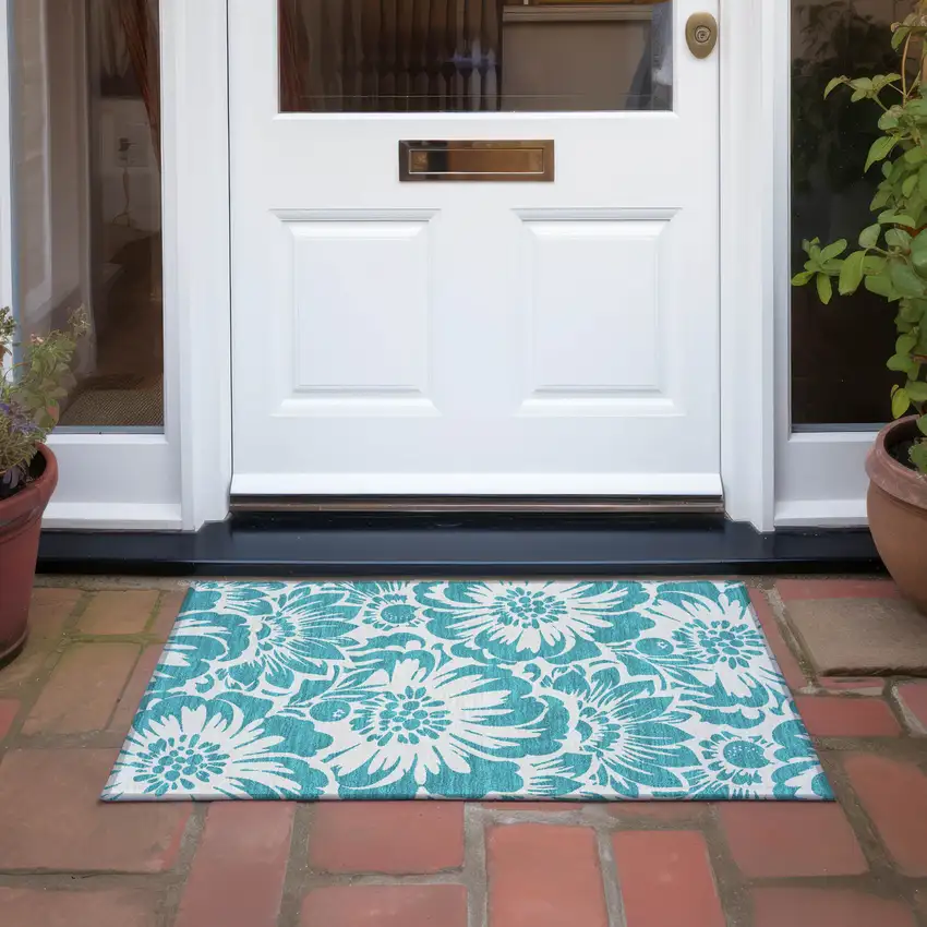 Teal and Ivory Floral Washable Non Skid Indoor Outdoor Area Rug Photo 8