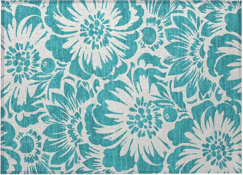 Teal and Ivory Floral Washable Non Skid Indoor Outdoor Area Rug Photo 4
