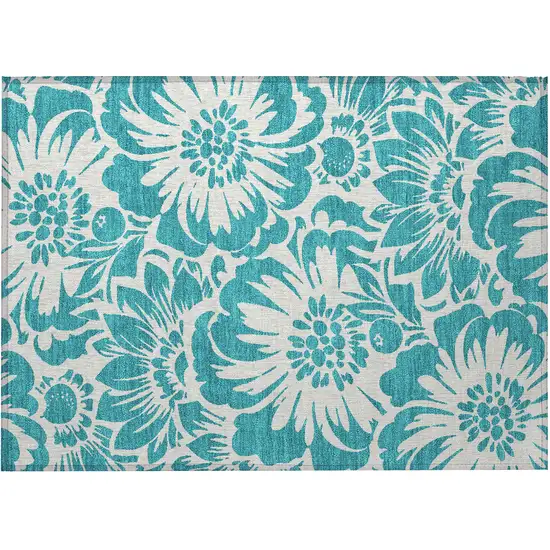 Teal and Ivory Floral Washable Non Skid Indoor Outdoor Area Rug Photo 5