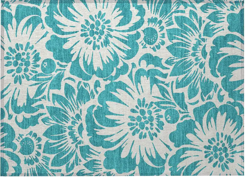 Teal and Ivory Floral Washable Non Skid Indoor Outdoor Area Rug Photo 5
