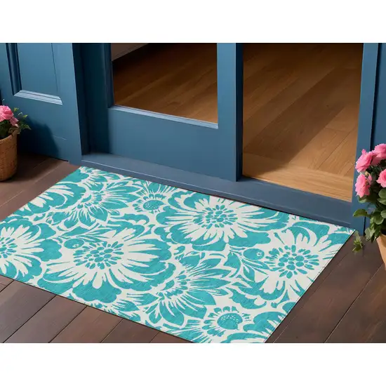 Teal and Ivory Floral Washable Non Skid Indoor Outdoor Area Rug Photo 1