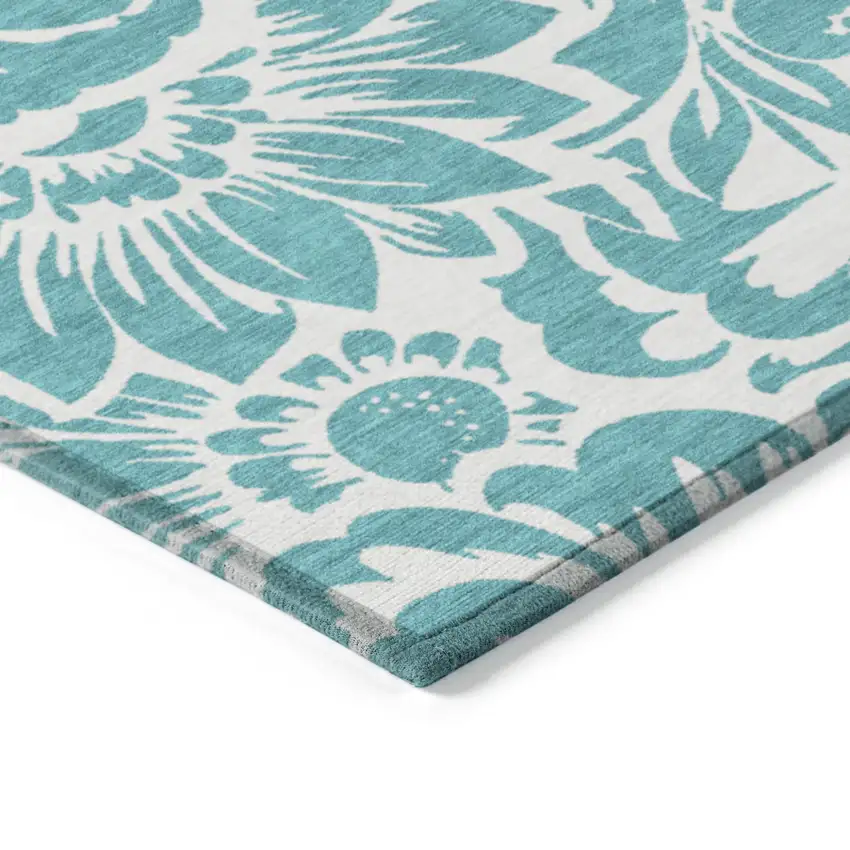 Teal and Ivory Floral Washable Non Skid Indoor Outdoor Area Rug Photo 7