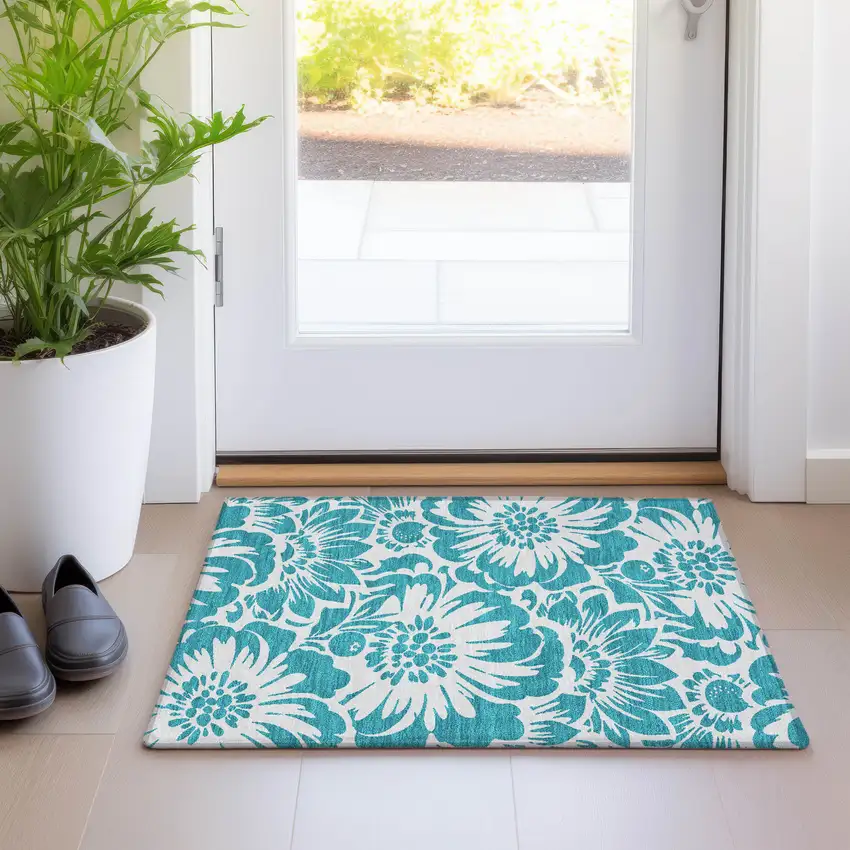 Teal and Ivory Floral Washable Non Skid Indoor Outdoor Area Rug Photo 9