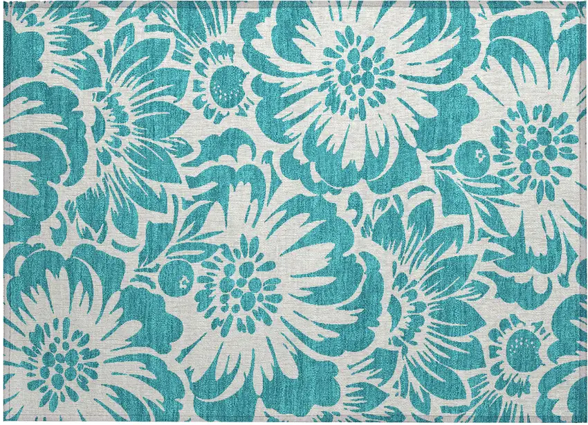 Teal and Ivory Floral Washable Non Skid Indoor Outdoor Area Rug Photo 2