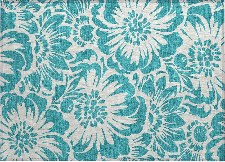 Teal and Ivory Floral Washable Non Skid Indoor Outdoor Area Rug Photo 2