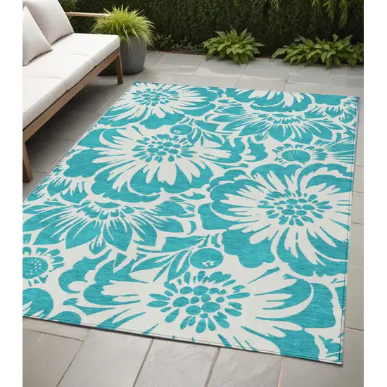 Teal and Ivory Floral Washable Non Skid Indoor Outdoor Area Rug Photo 1