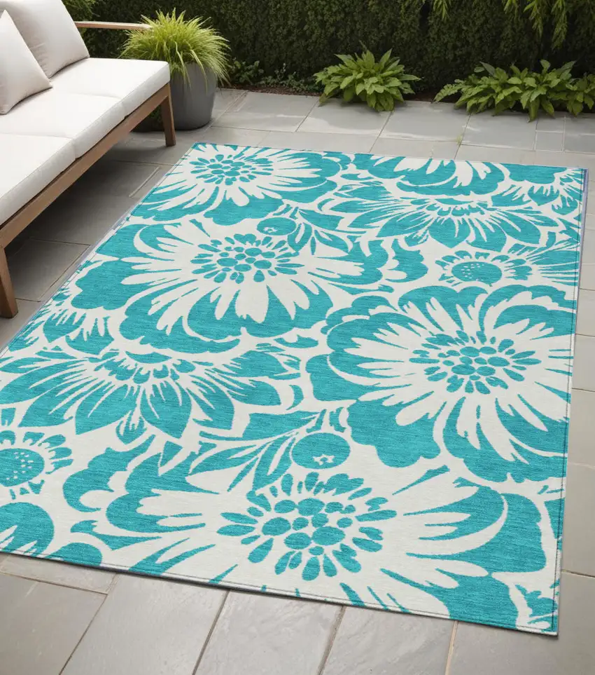 Teal and Ivory Floral Washable Non Skid Indoor Outdoor Area Rug Photo 1