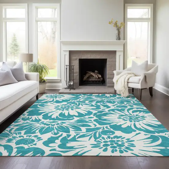 Teal and Ivory Floral Washable Non Skid Indoor Outdoor Area Rug Photo 8