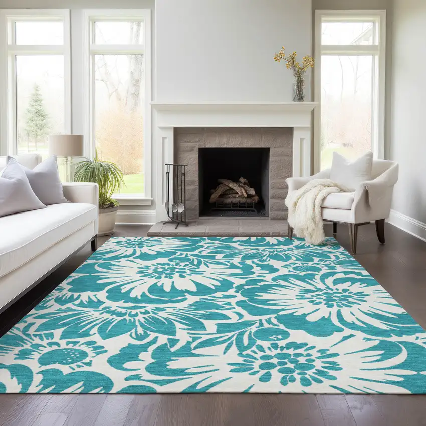 Teal and Ivory Floral Washable Non Skid Indoor Outdoor Area Rug Photo 8