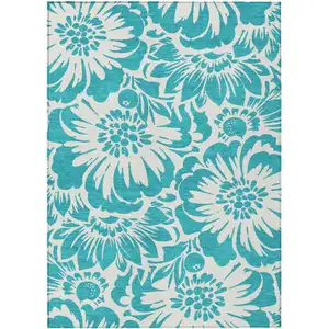 Photo of Teal and Ivory Floral Washable Non Skid Indoor Outdoor Area Rug