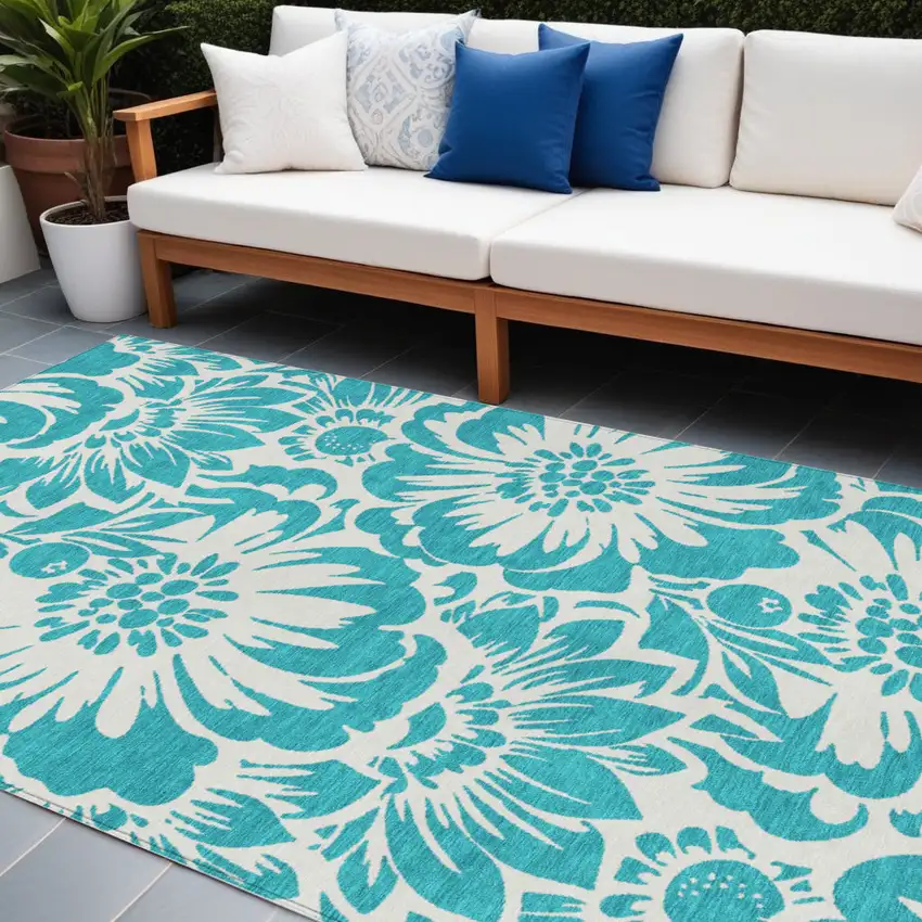 Teal and Ivory Floral Washable Non Skid Indoor Outdoor Area Rug Photo 1