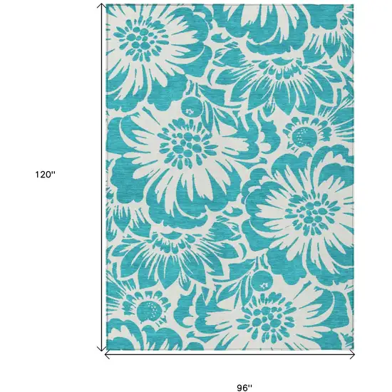 Teal and Ivory Floral Washable Non Skid Indoor Outdoor Area Rug Photo 3
