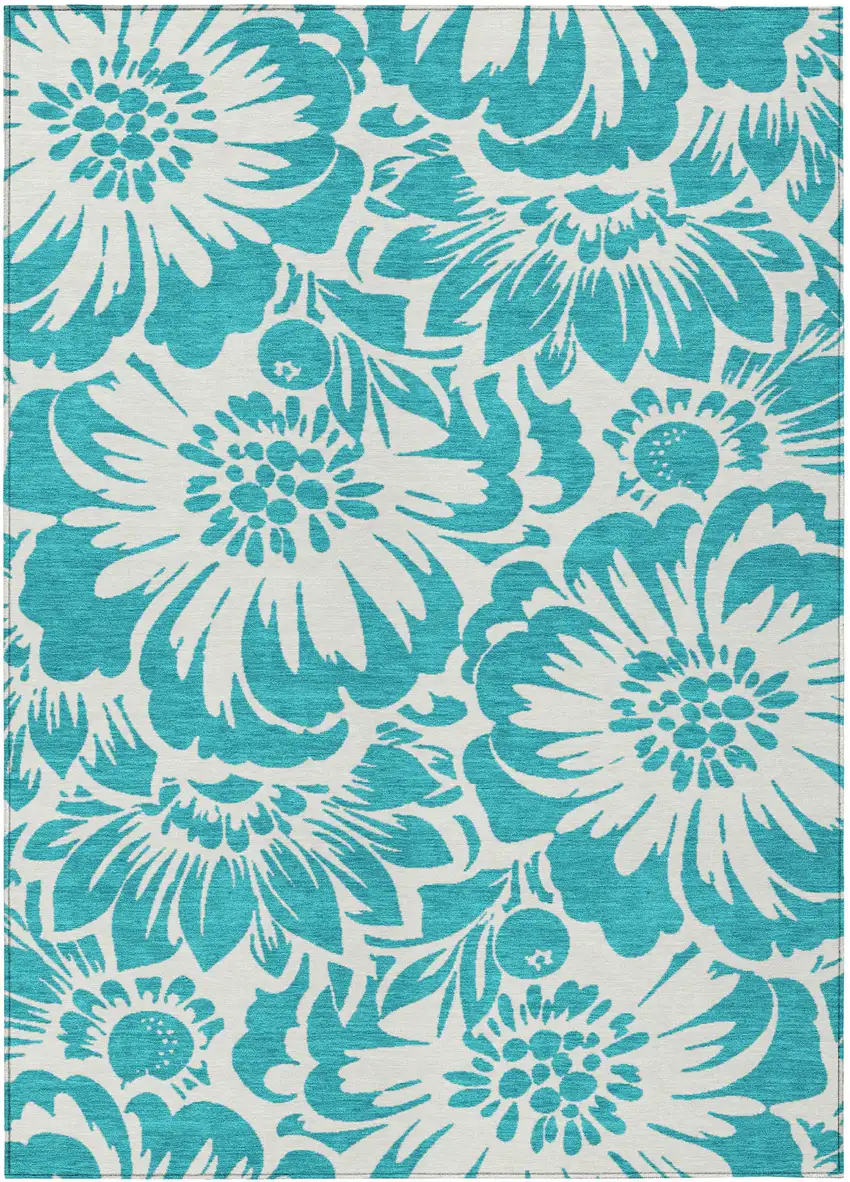 Teal and Ivory Floral Washable Non Skid Indoor Outdoor Area Rug Photo 2