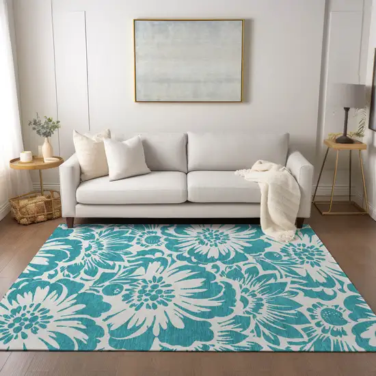Teal and Ivory Floral Washable Non Skid Indoor Outdoor Area Rug Photo 7