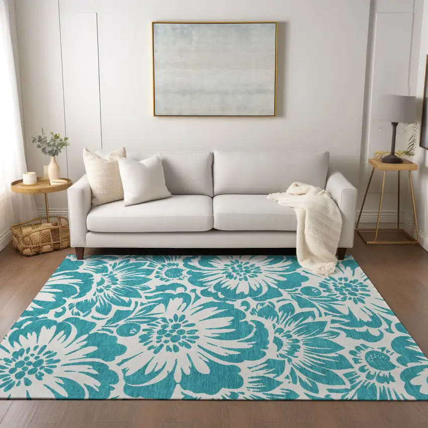 Teal and Ivory Floral Washable Non Skid Indoor Outdoor Area Rug Photo 7