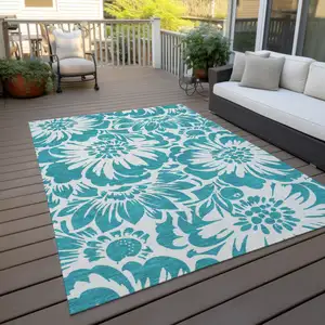 Photo of Teal and Ivory Floral Washable Non Skid Indoor Outdoor Area Rug