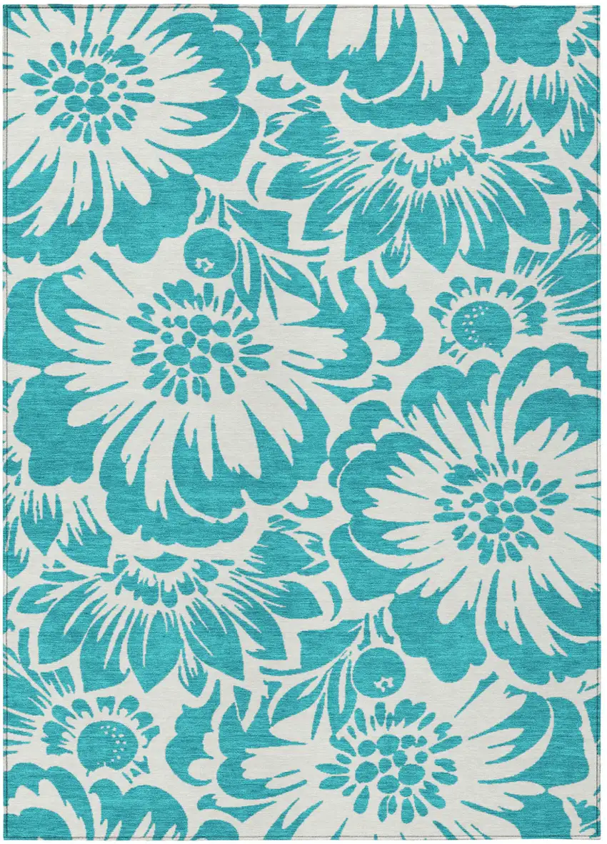 Teal and Ivory Floral Washable Non Skid Indoor Outdoor Area Rug Photo 2