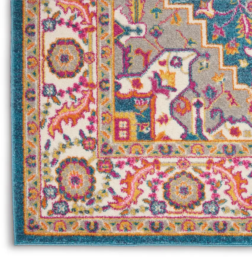 Teal And Ivory Medallion Distressed Area Rug Photo 8