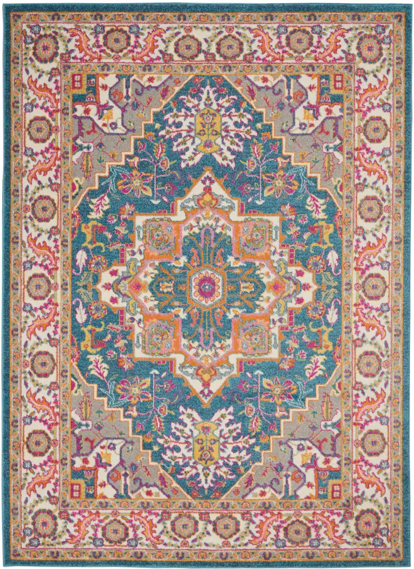 Teal And Ivory Medallion Distressed Area Rug Photo 1