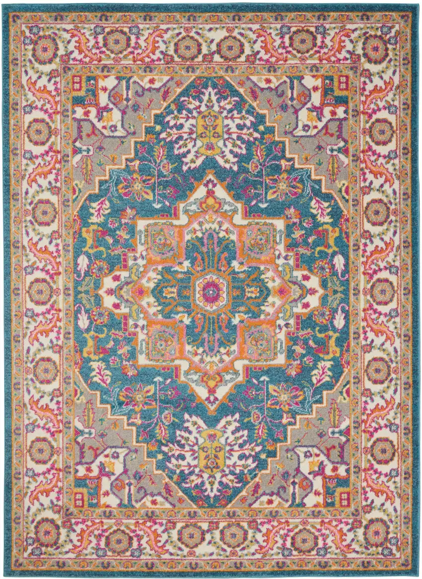 Teal And Ivory Medallion Distressed Area Rug Photo 7