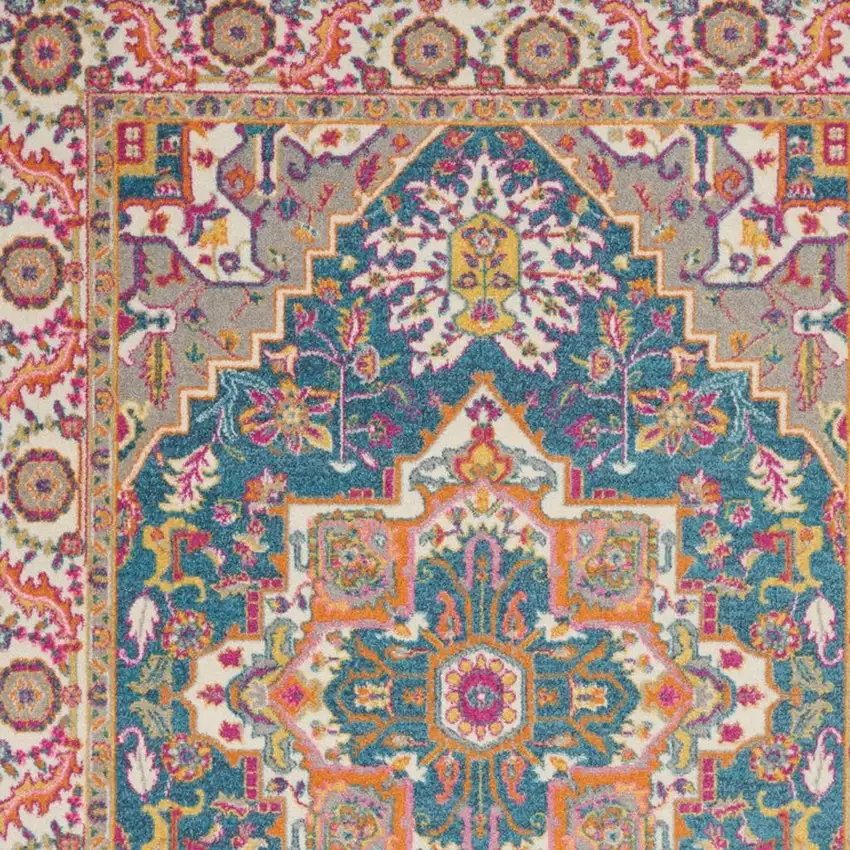 Teal And Ivory Medallion Distressed Area Rug Photo 1