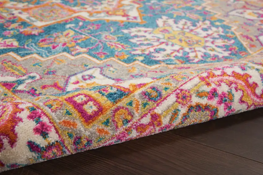 Teal And Ivory Medallion Distressed Area Rug Photo 9