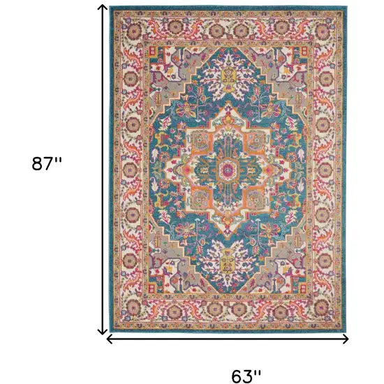Teal And Ivory Medallion Distressed Area Rug Photo 3