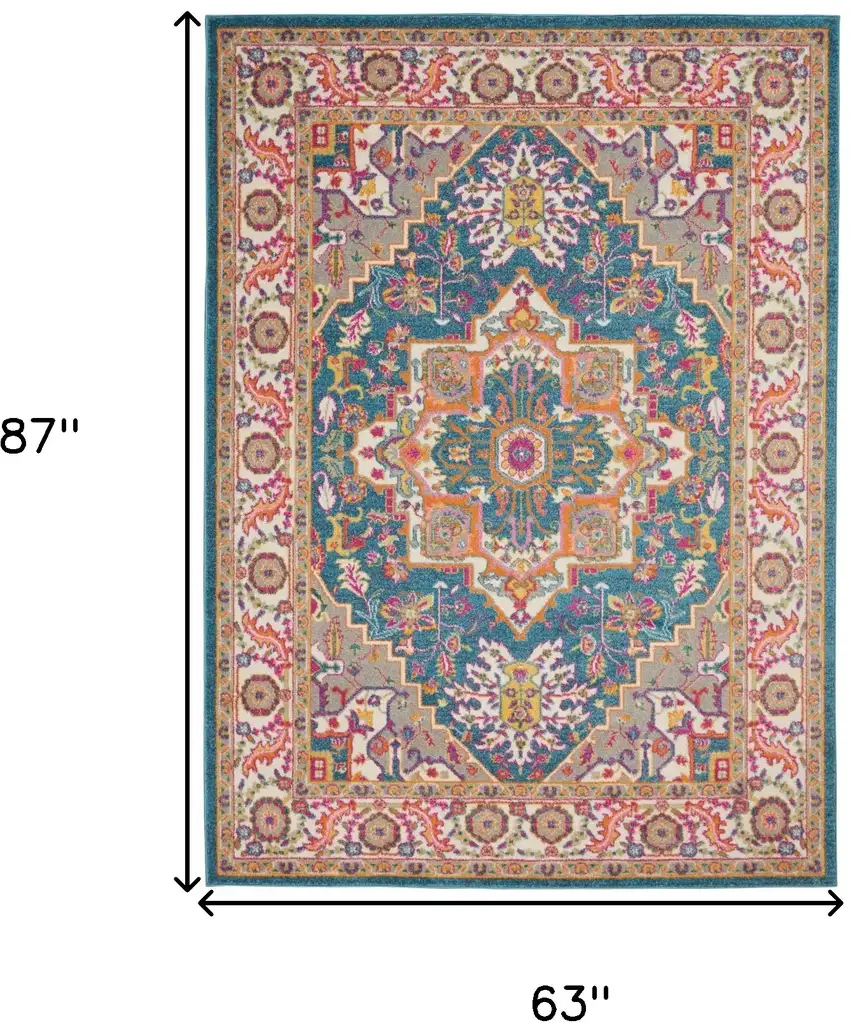 Teal And Ivory Medallion Distressed Area Rug Photo 3