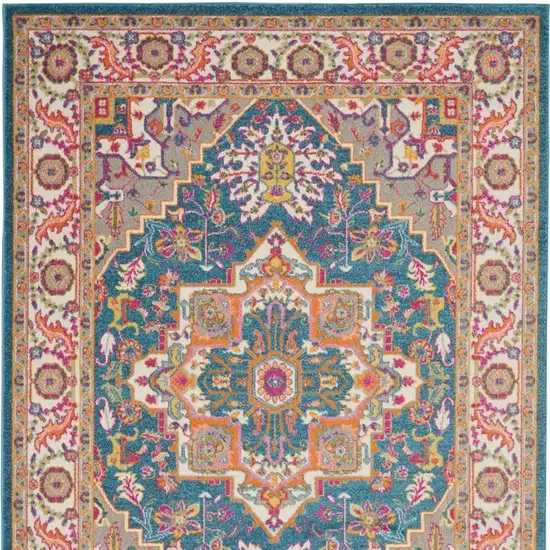 Teal And Ivory Medallion Distressed Area Rug Photo 3