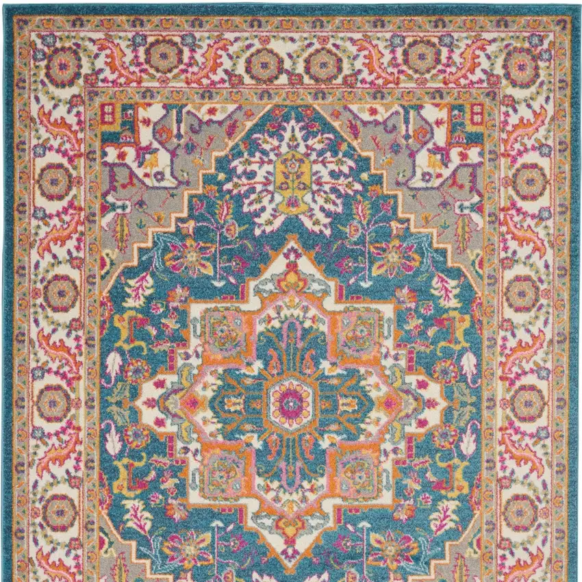 Teal And Ivory Medallion Distressed Area Rug Photo 6