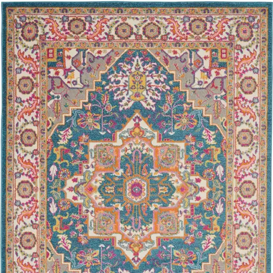 Teal And Ivory Medallion Distressed Area Rug Photo 6