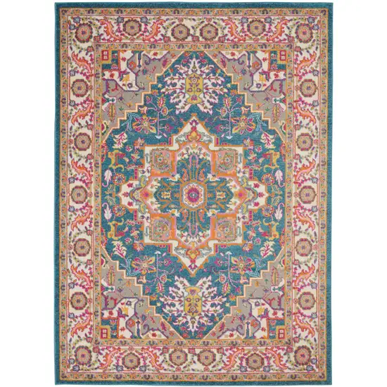 Teal And Ivory Medallion Distressed Area Rug Photo 4