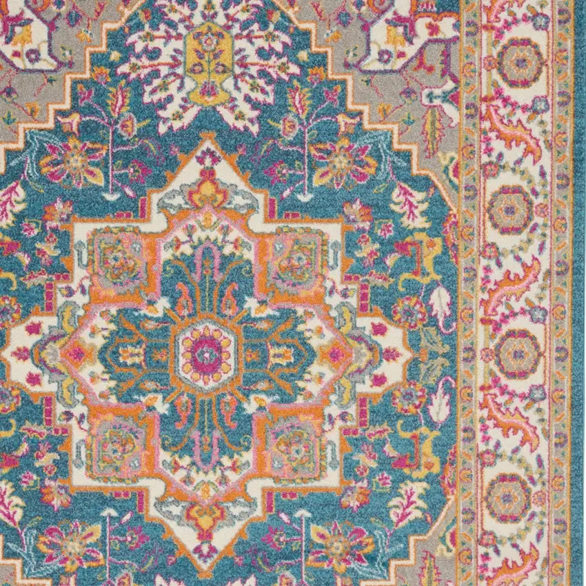 Teal And Ivory Medallion Distressed Area Rug Photo 5