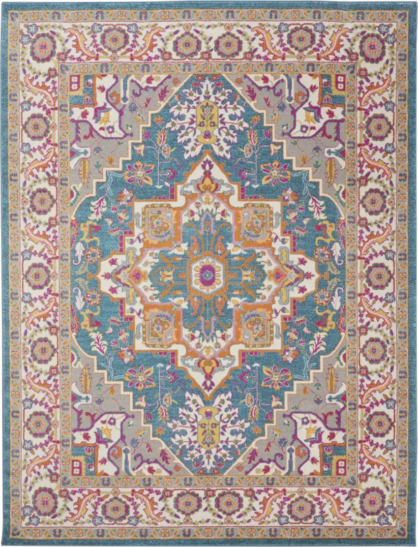 Teal And Ivory Medallion Distressed Area Rug Photo 7