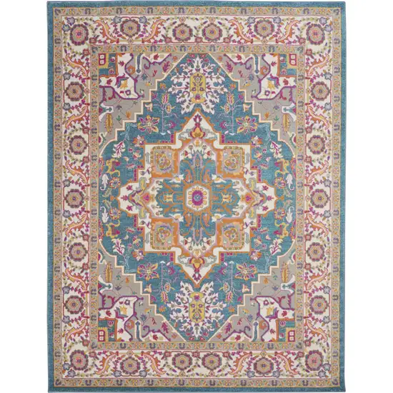 Teal And Ivory Medallion Distressed Area Rug Photo 9
