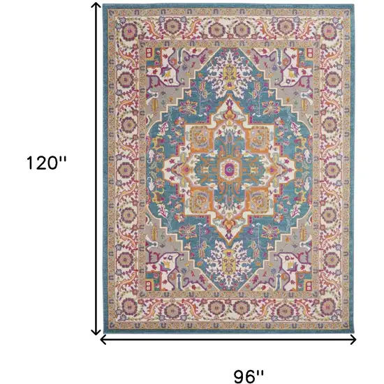 Teal And Ivory Medallion Distressed Area Rug Photo 6