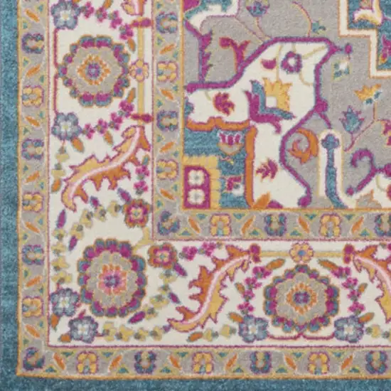 Teal And Ivory Medallion Distressed Area Rug Photo 8