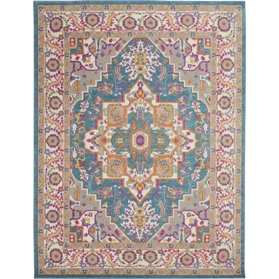 Teal And Ivory Medallion Distressed Area Rug Photo 8