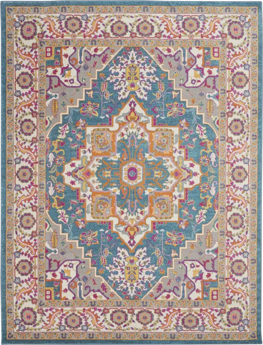 Teal And Ivory Medallion Distressed Area Rug Photo 8
