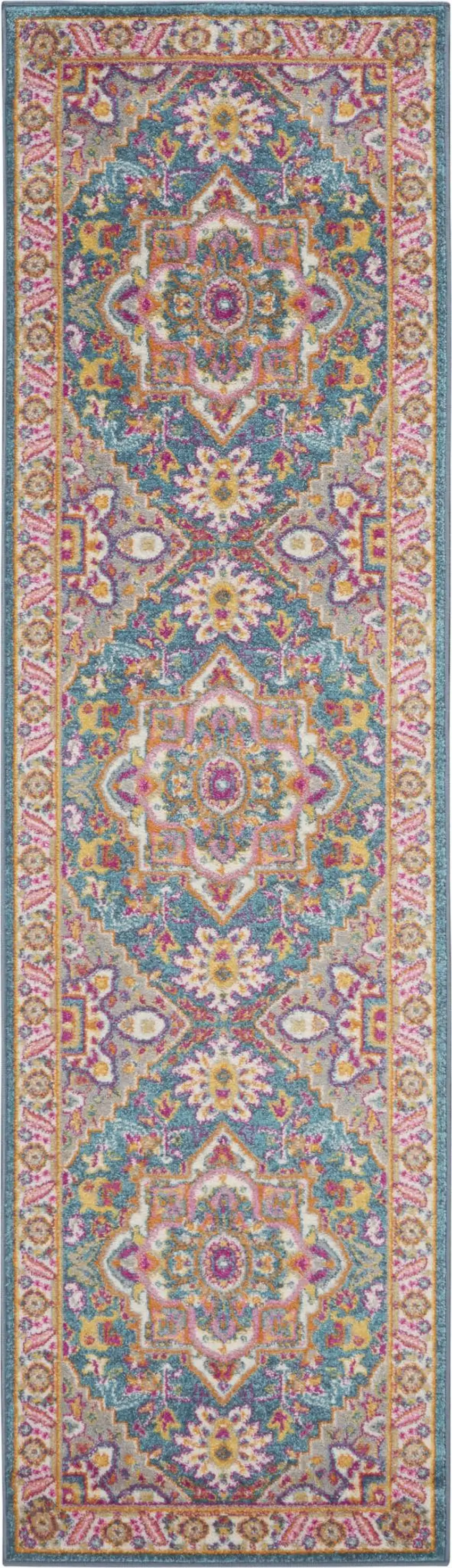 6' Teal And Ivory Medallion Distressed Runner Rug Photo 8