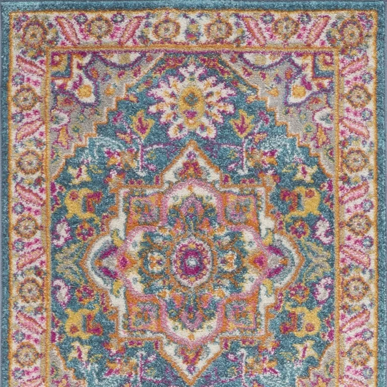 Teal and Pink Medallion Runner Rug Photo 2