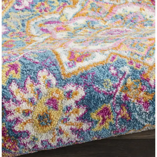 6' Teal And Ivory Medallion Distressed Runner Rug Photo 8