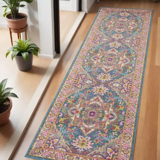 6' Teal And Ivory Medallion Distressed Runner Rug Photo 2