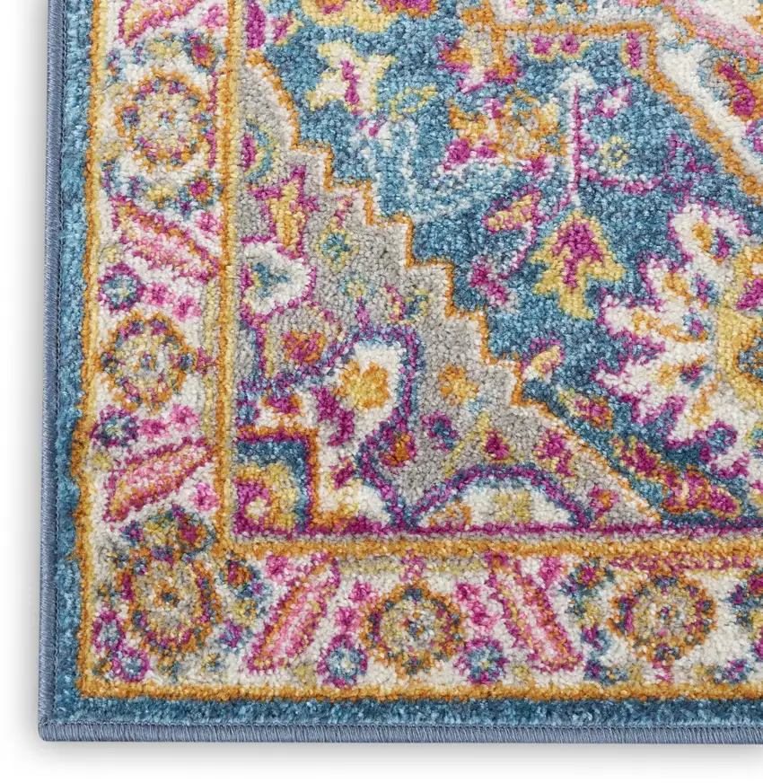 6' Teal And Ivory Medallion Distressed Runner Rug Photo 9