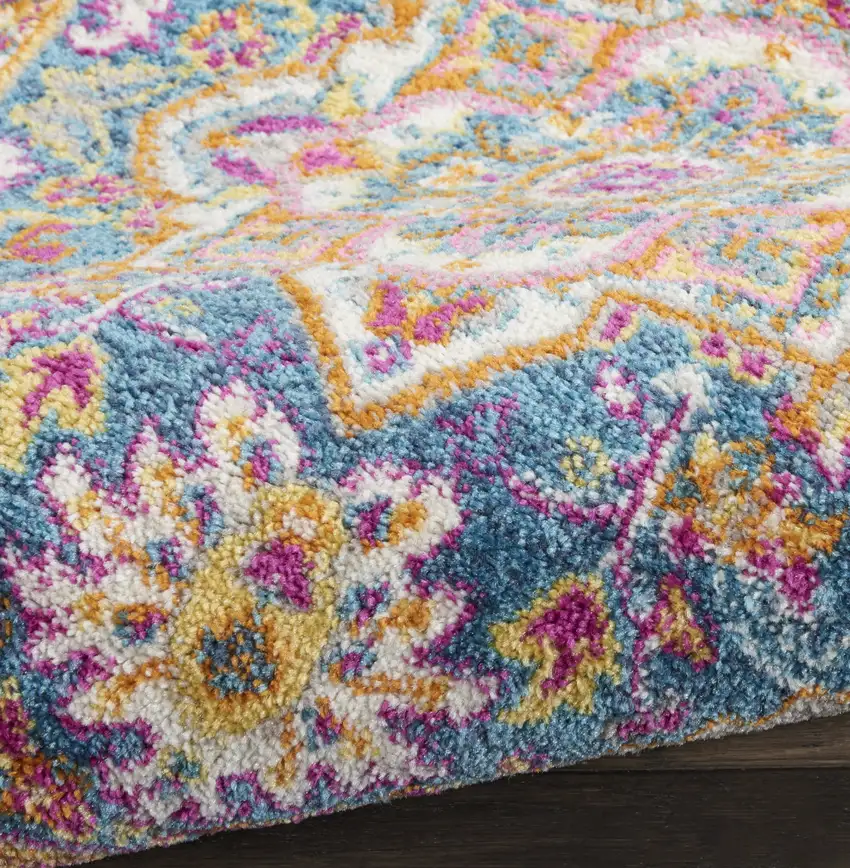 8' Teal And Ivory Medallion Distressed Runner Rug Photo 3