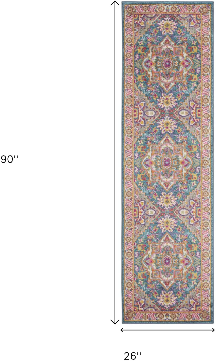 8' Teal And Ivory Medallion Distressed Runner Rug Photo 3