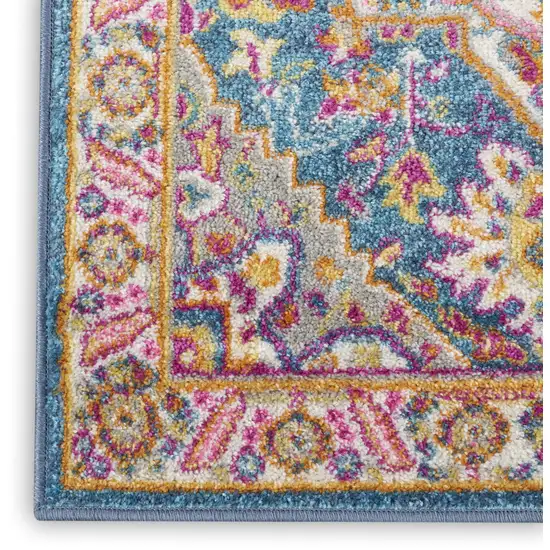 8' Teal And Ivory Medallion Distressed Runner Rug Photo 9