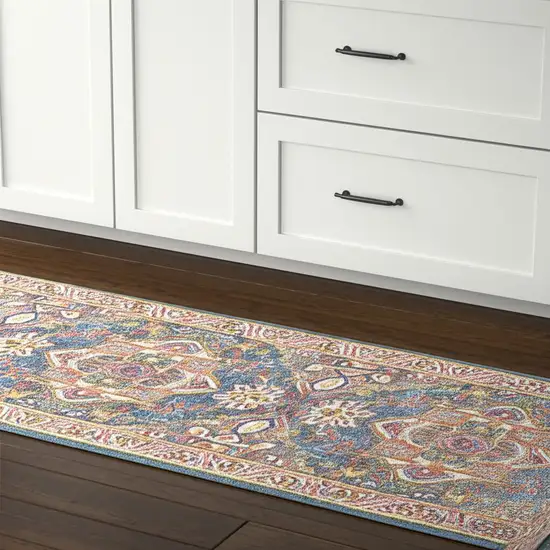 8' Teal And Ivory Medallion Distressed Runner Rug Photo 1