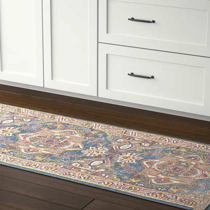 8' Teal And Ivory Medallion Distressed Runner Rug Photo 1